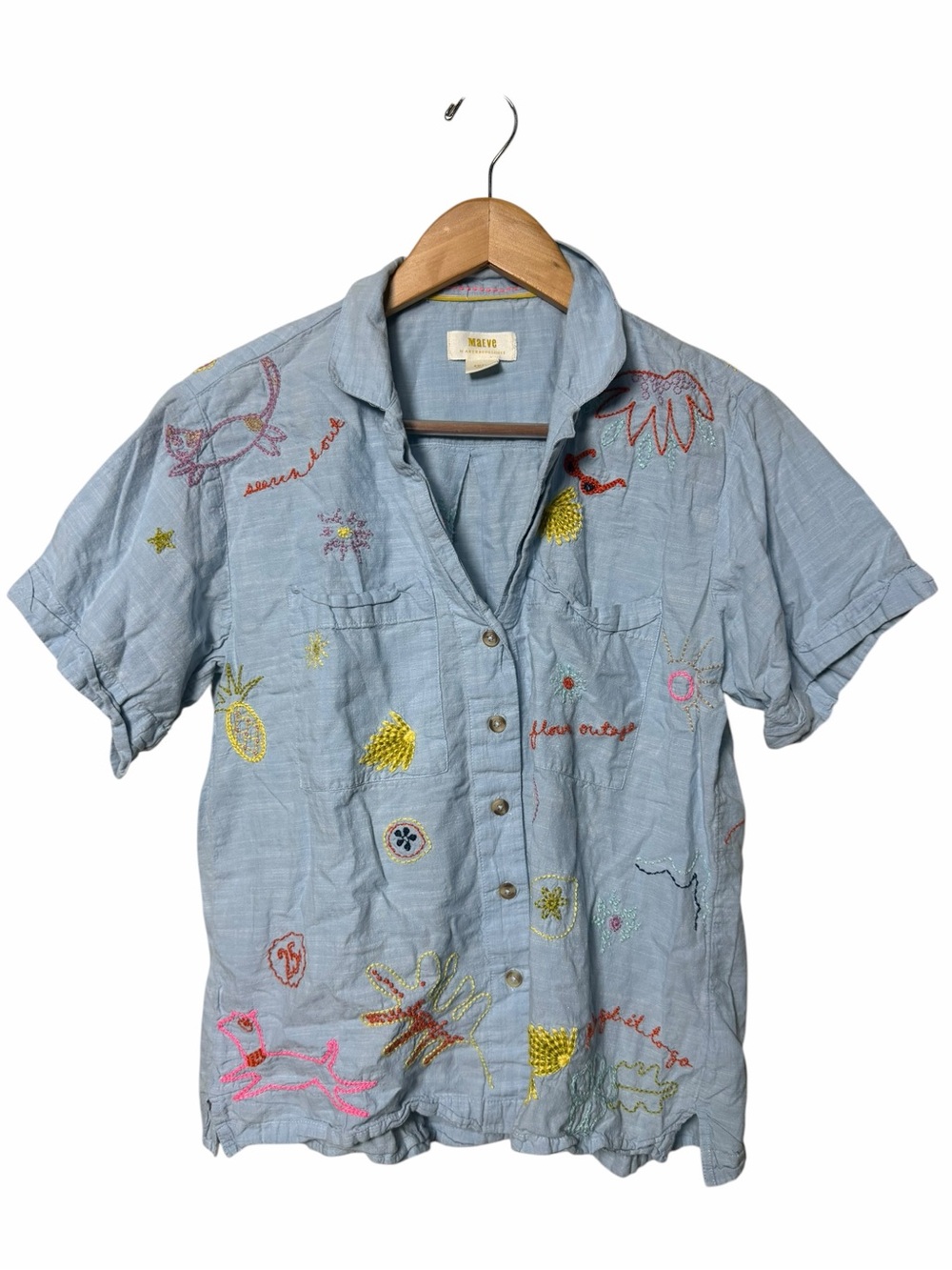 Maeve Anthropologie Embroidered Chambray Button Down Shirt Small